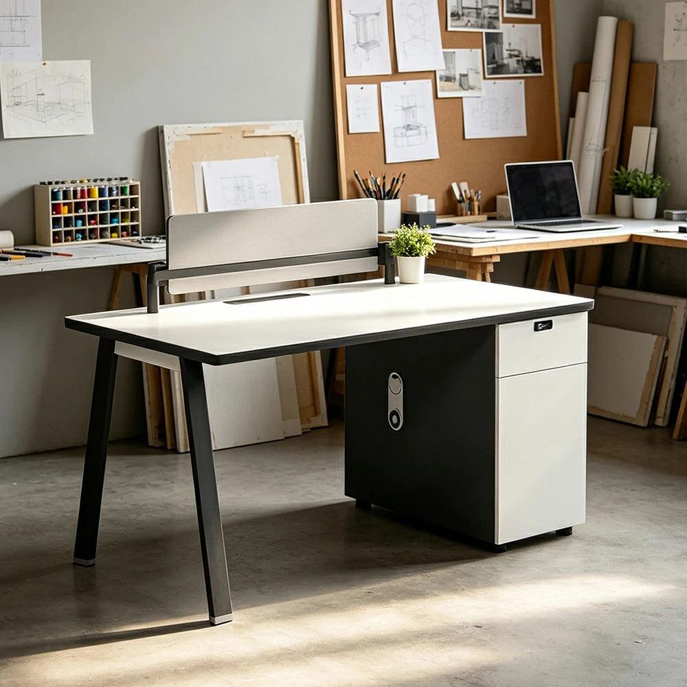 LIVARA 120/140cm Single Office Desk with E0 Desktop, Acoustic Privacy Screen, Dual-Sided Power & Password Lock Storage - White