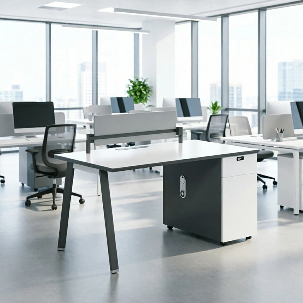 LIVARA 120/140cm Single Office Desk with E0 Desktop, Acoustic Privacy Screen, Dual-Sided Power & Password Lock Storage - White