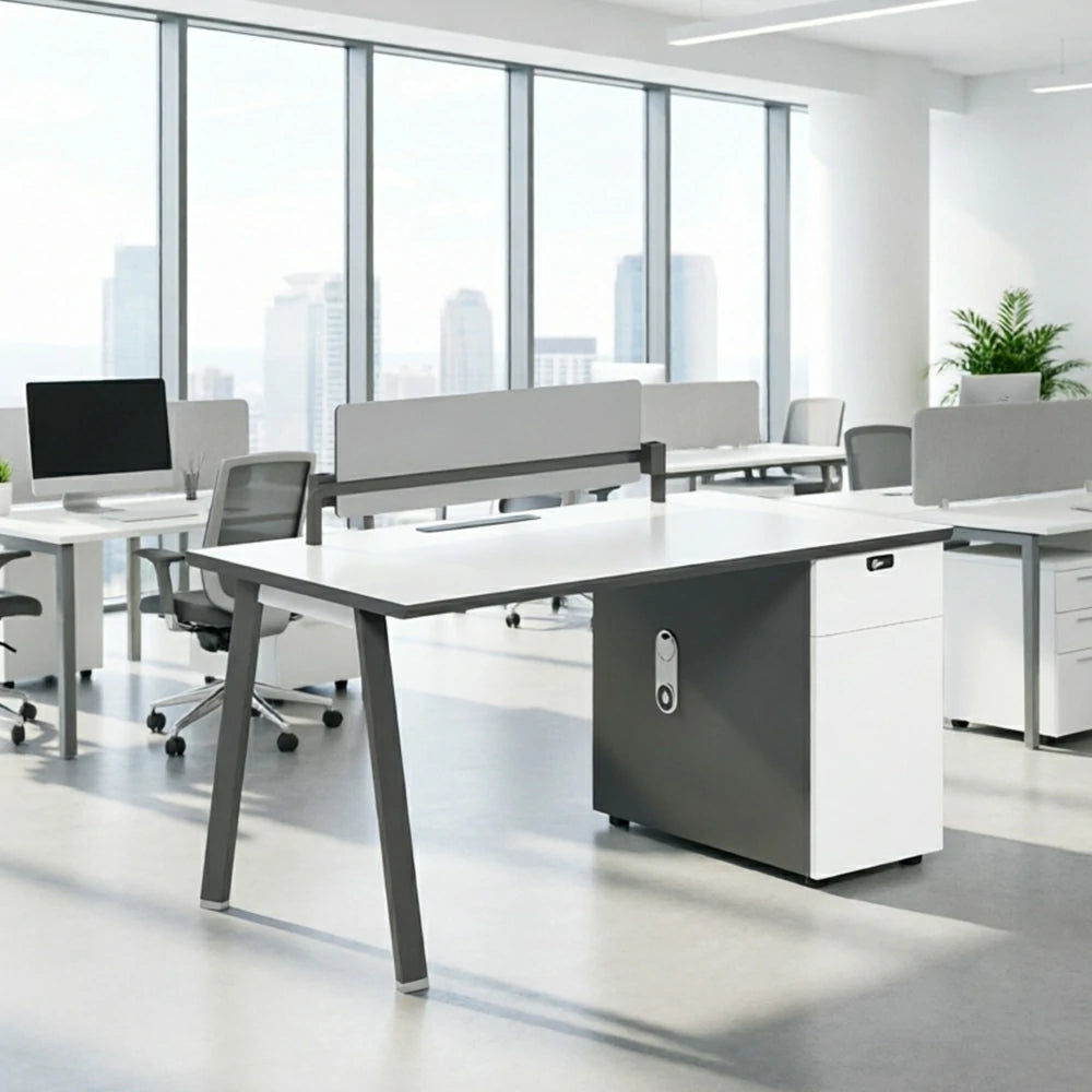 LIVARA 120/140cm Single Office Desk with E0 Desktop, Acoustic Privacy Screen, Dual-Sided Power & Password Lock Storage - White