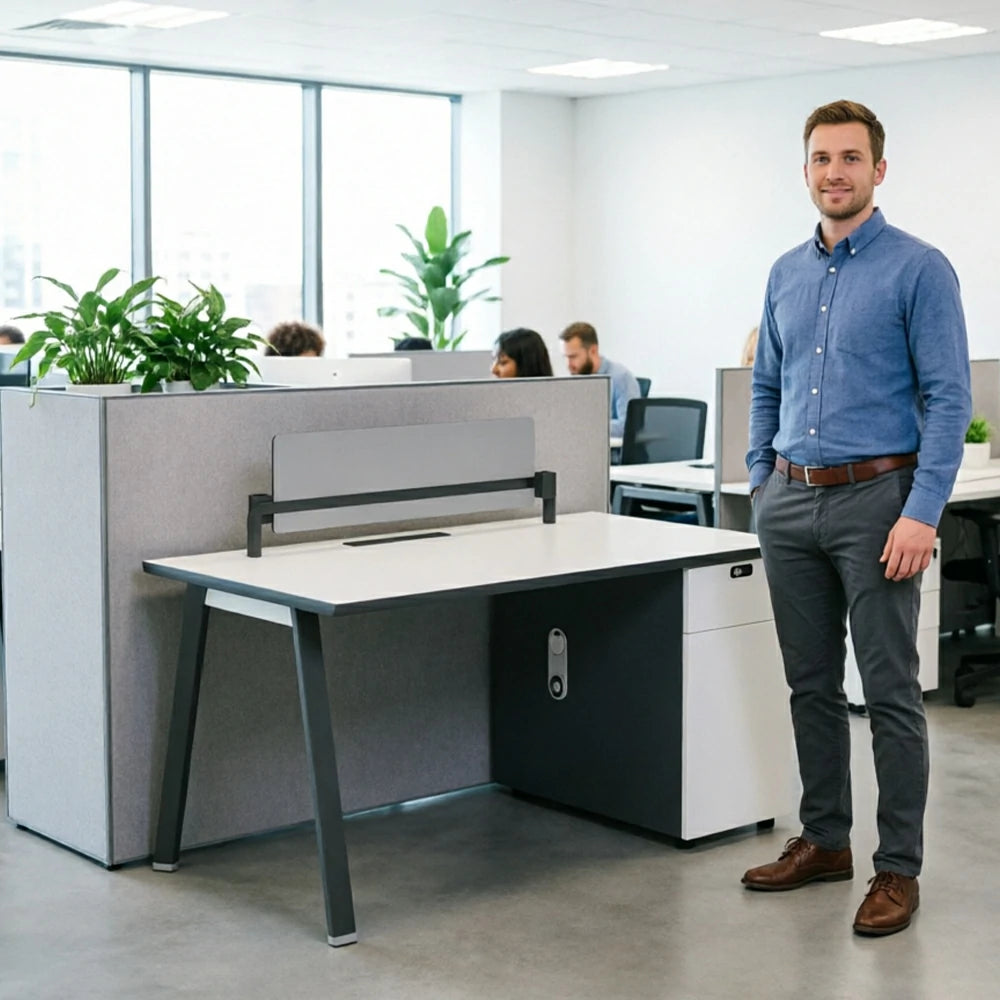 LIVARA 120/140cm Single Office Desk with E0 Desktop, Acoustic Privacy Screen, Dual-Sided Power & Password Lock Storage - White