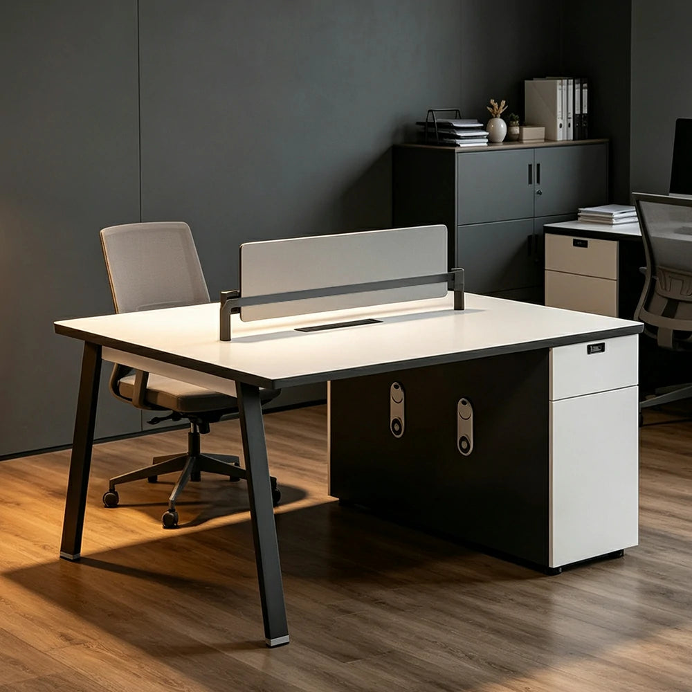 LIVARA 120/140cm 2-Person Office Workstation with E0 Desktop, Acoustic Privacy Screen, Dual-Sided Power & Password Lock Storage - White
