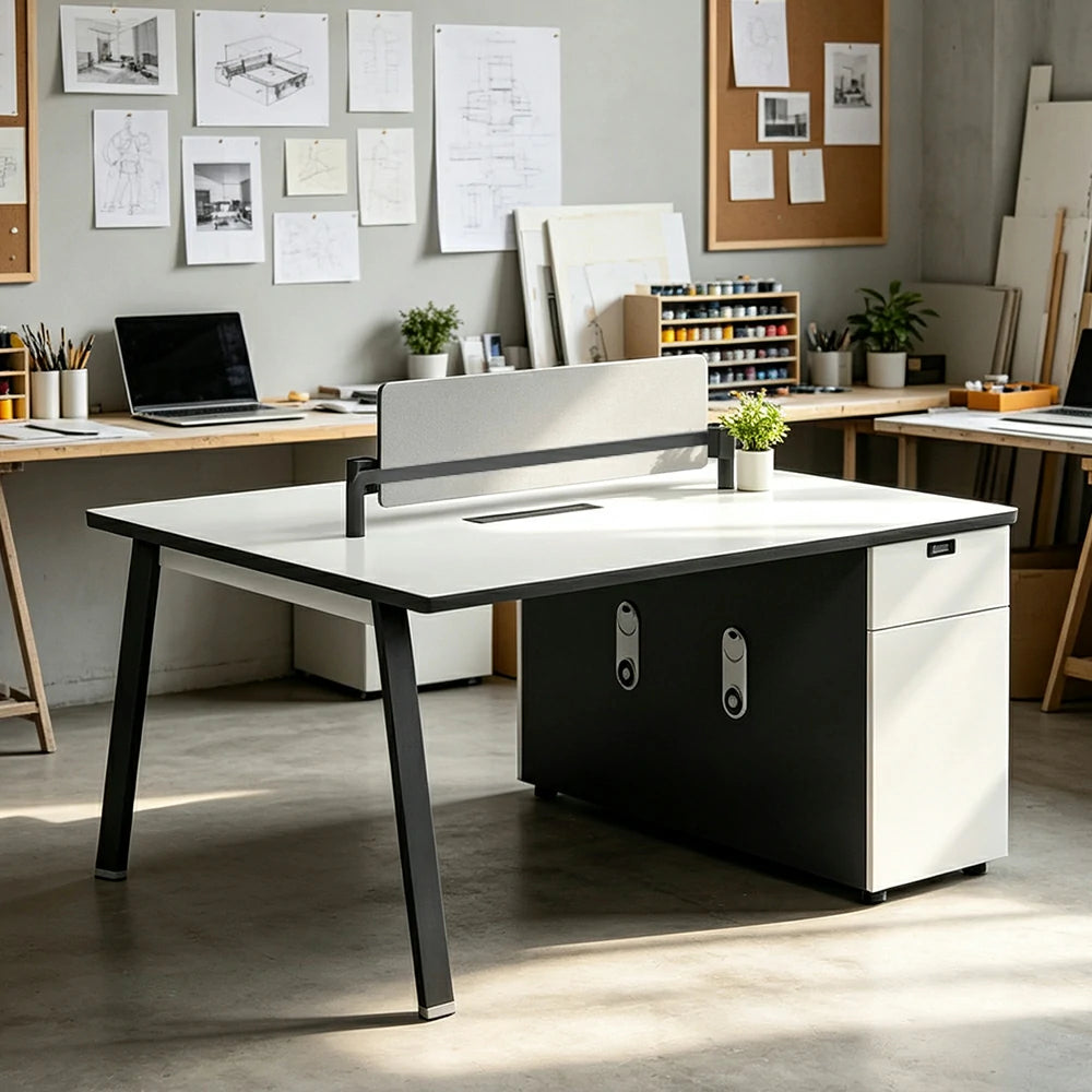LIVARA 120/140cm 2-Person Office Workstation with E0 Desktop, Acoustic Privacy Screen, Dual-Sided Power & Password Lock Storage - White