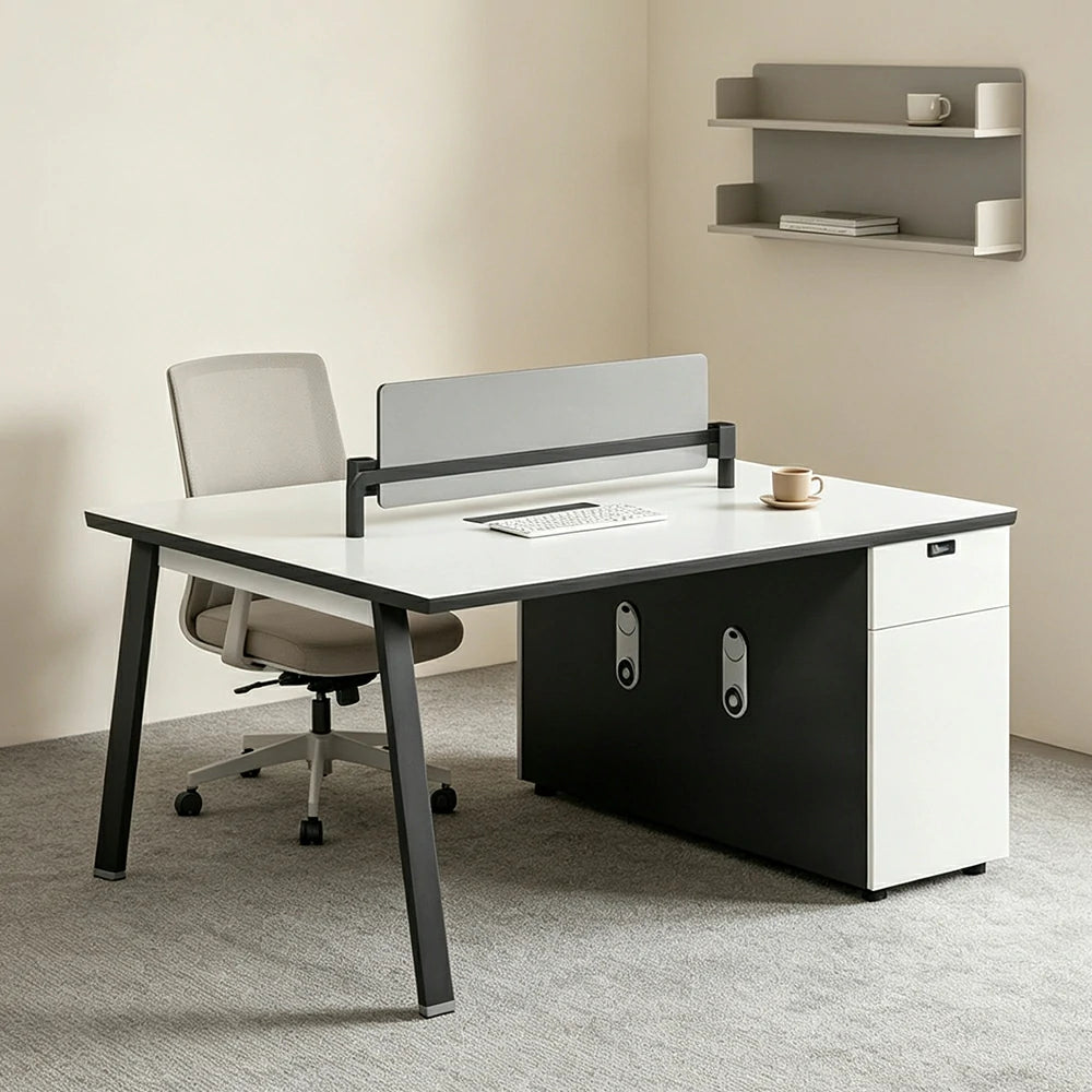 LIVARA 120/140cm 2-Person Office Workstation with E0 Desktop, Acoustic Privacy Screen, Dual-Sided Power & Password Lock Storage - White