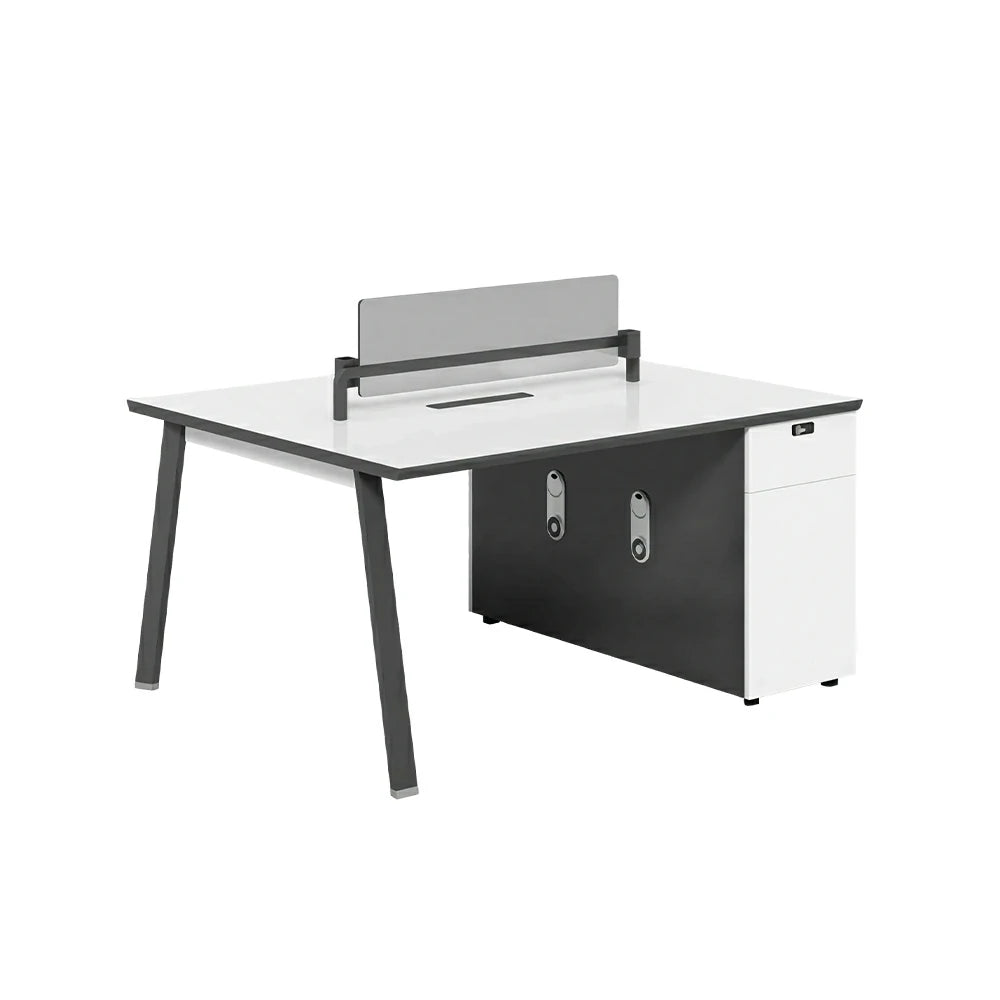 LIVARA 120/140cm 2-Person Office Workstation with E0 Desktop, Acoustic Privacy Screen, Dual-Sided Power & Password Lock Storage - White