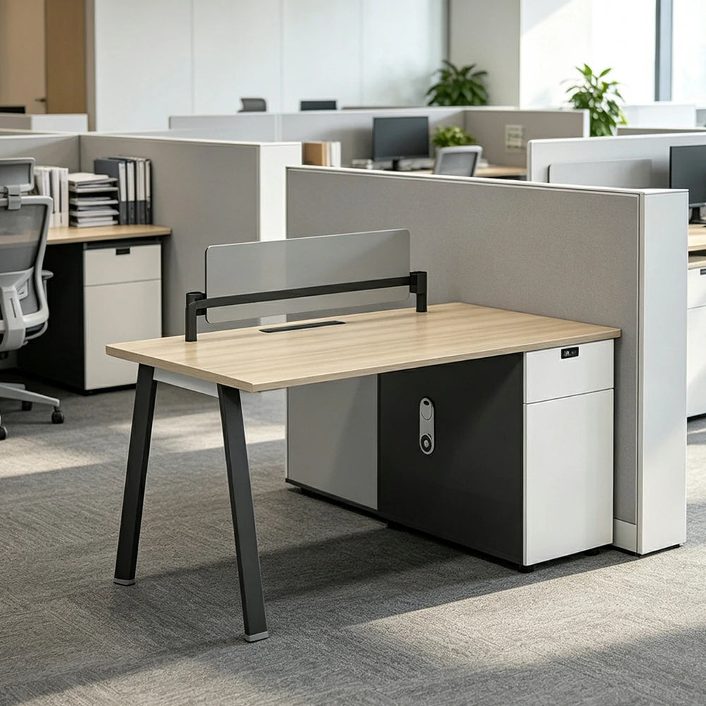 LIVARA 120/140cm Single Office Desk with E0 Desktop, Acoustic Privacy Screen, Dual-Sided Power & Password Lock Storage - Natural Wood