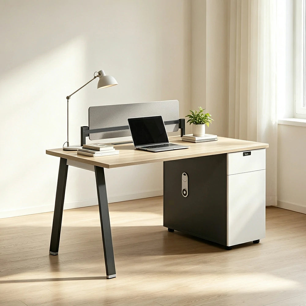 LIVARA 120/140cm Single Office Desk with E0 Desktop, Acoustic Privacy Screen, Dual-Sided Power & Password Lock Storage - Natural Wood