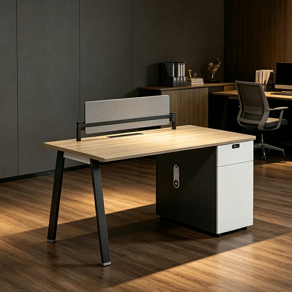 LIVARA 120/140cm Single Office Desk with E0 Desktop, Acoustic Privacy Screen, Dual-Sided Power & Password Lock Storage - Natural Wood