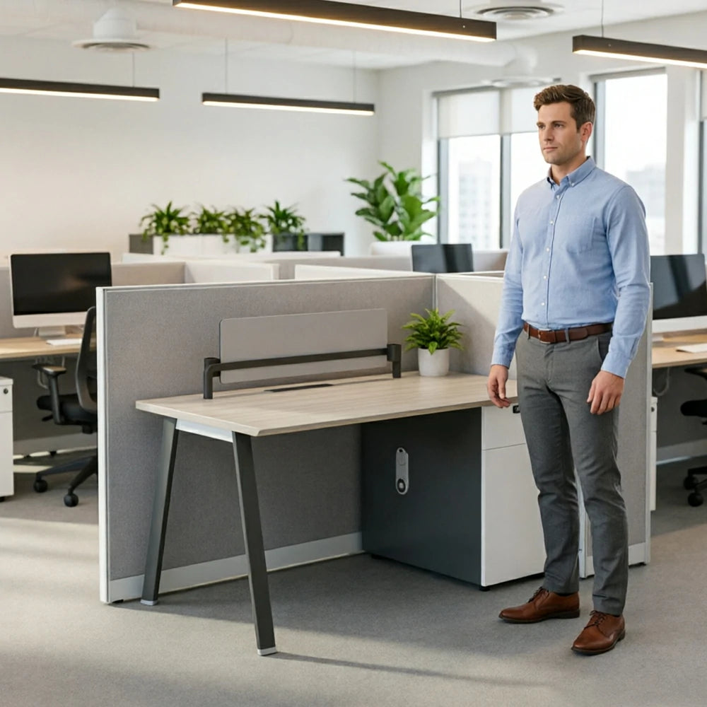 LIVARA 120/140cm Single Office Desk with E0 Desktop, Acoustic Privacy Screen, Dual-Sided Power & Password Lock Storage - Natural Wood
