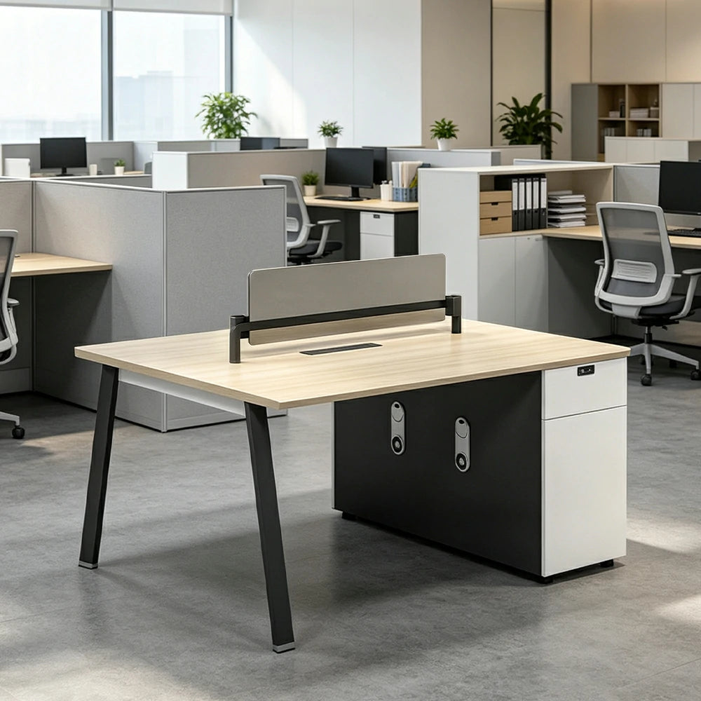 LIVARA 120/140cm 2-Person Office Workstation with E0 Desktop, Acoustic Privacy Screen, Dual-Sided Power & Password Lock Storage - Natural Wood