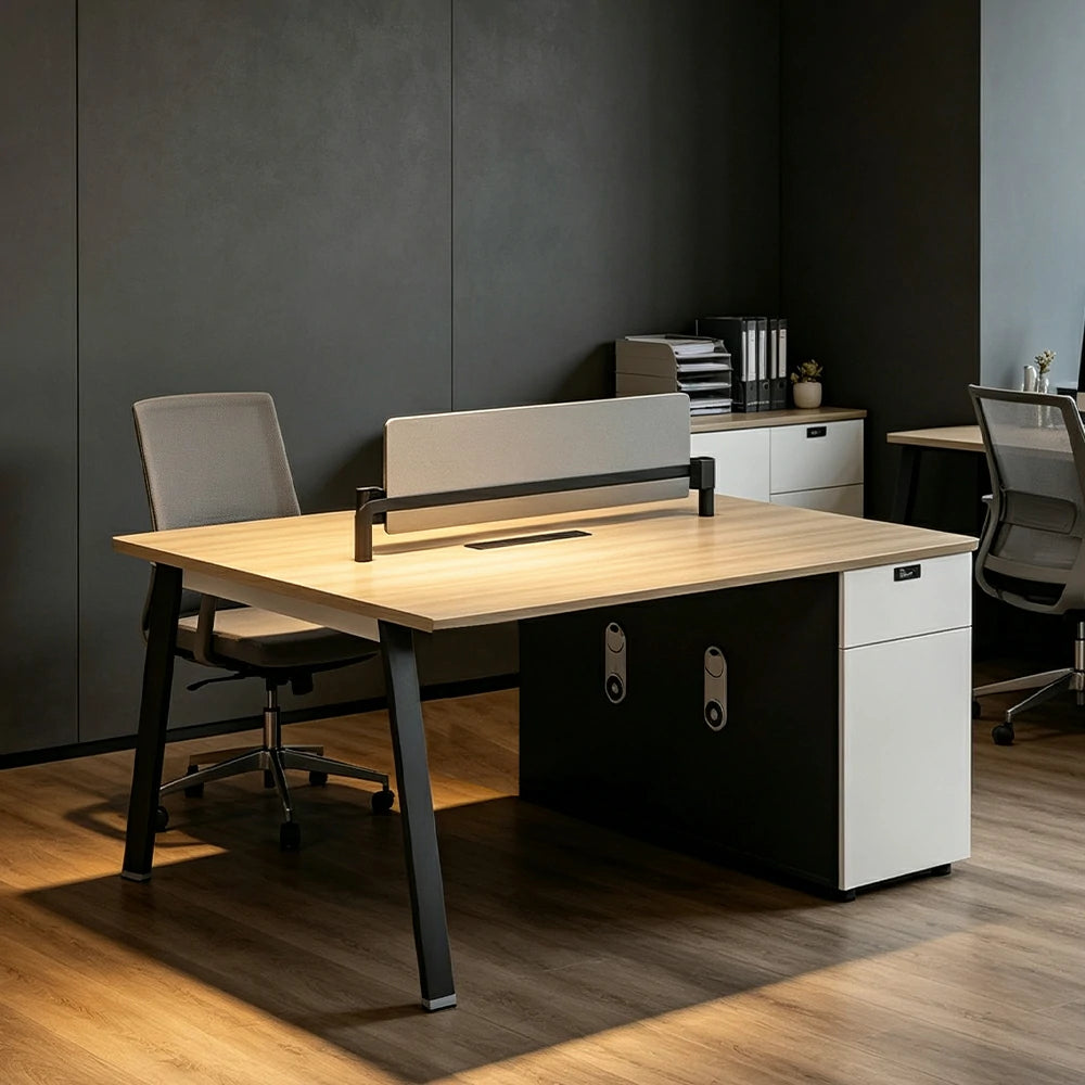 LIVARA 120/140cm 2-Person Office Workstation with E0 Desktop, Acoustic Privacy Screen, Dual-Sided Power & Password Lock Storage - Natural Wood