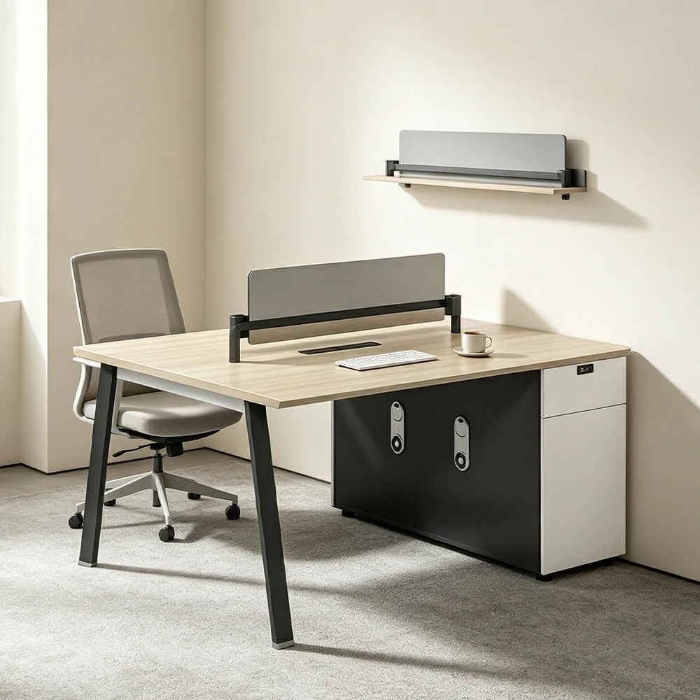 LIVARA 120/140cm 2-Person Office Workstation with E0 Desktop, Acoustic Privacy Screen, Dual-Sided Power & Password Lock Storage - Natural Wood