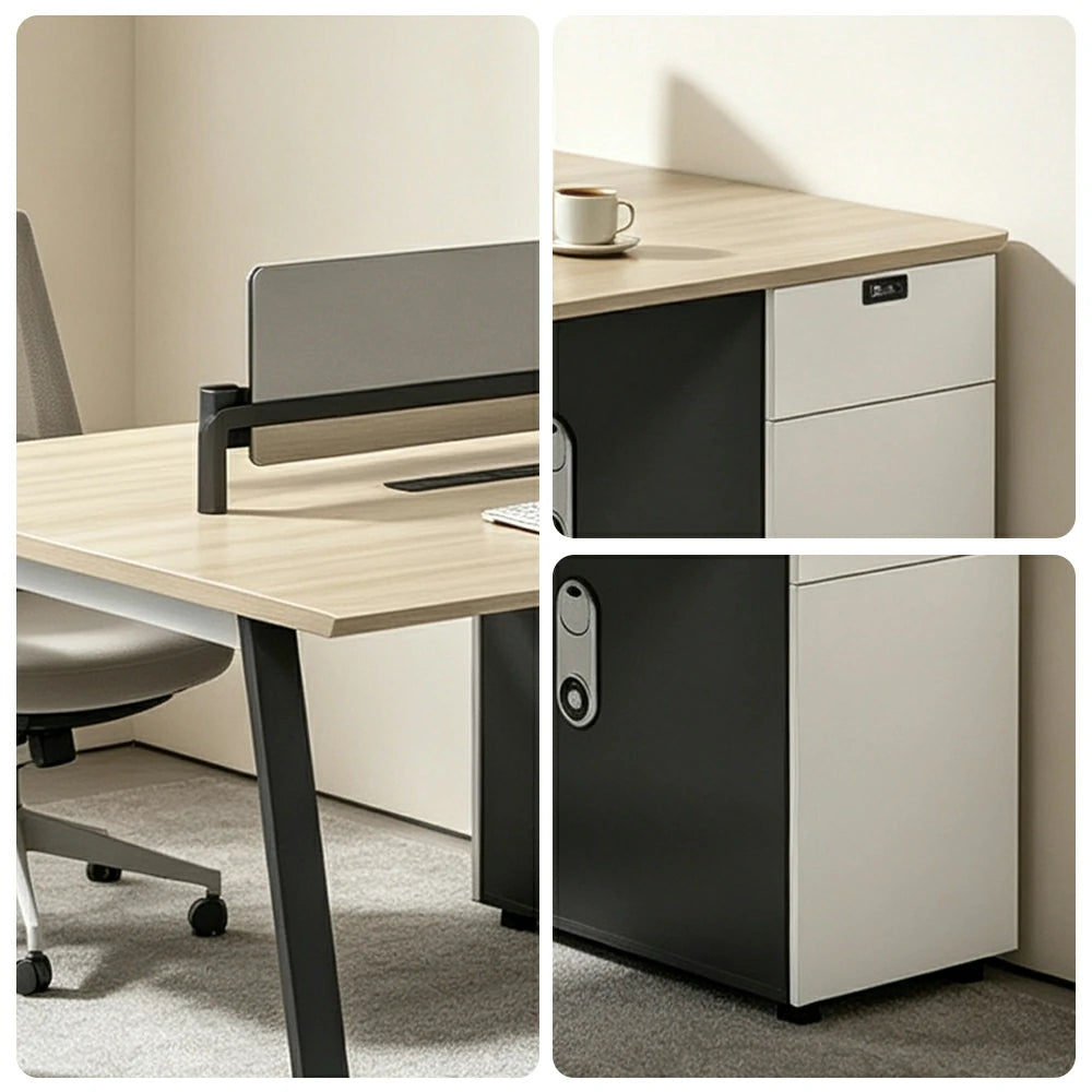 LIVARA 120/140cm 2-Person Office Workstation with E0 Desktop, Acoustic Privacy Screen, Dual-Sided Power & Password Lock Storage - Natural Wood