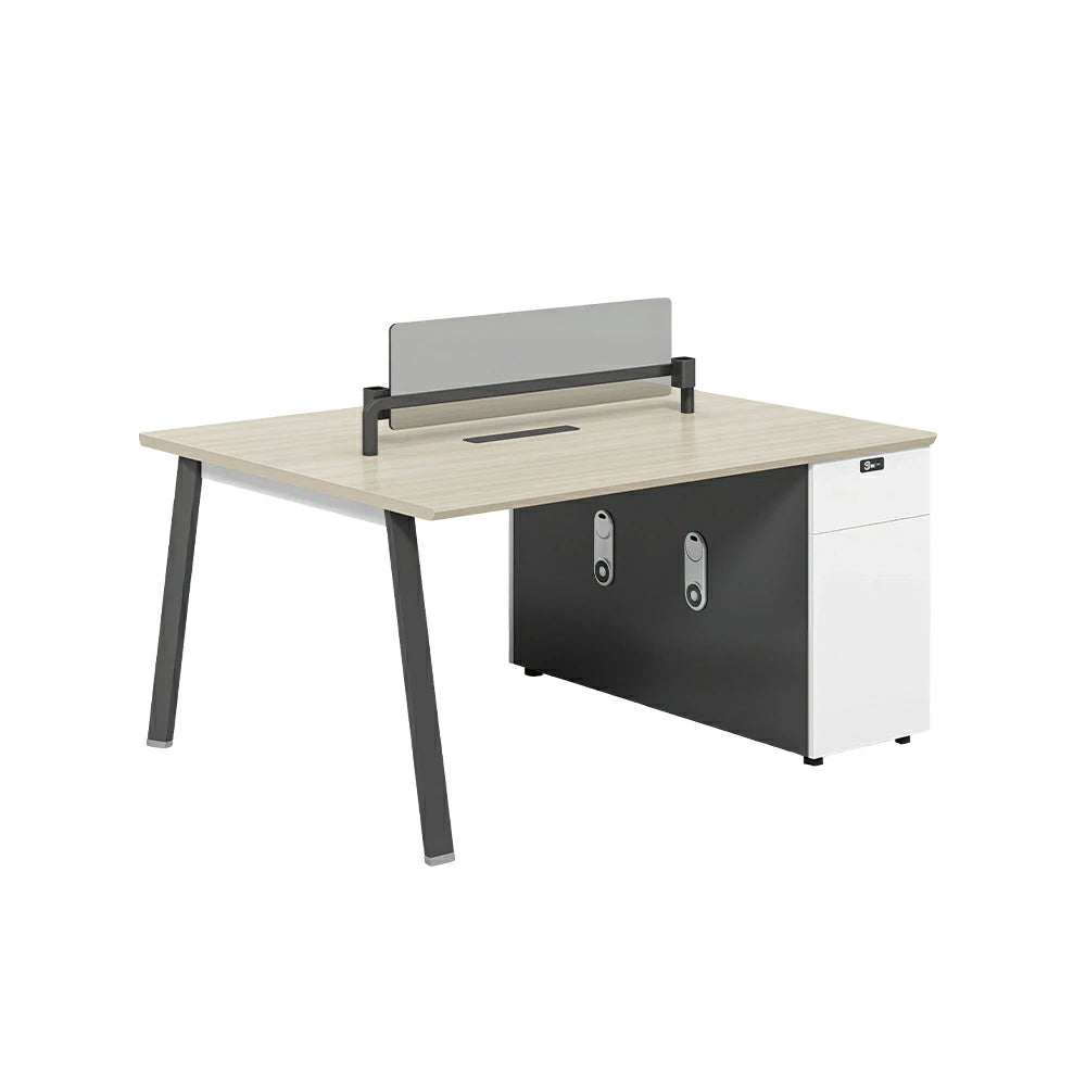 LIVARA 120/140cm 2-Person Office Workstation with E0 Desktop, Acoustic Privacy Screen, Dual-Sided Power & Password Lock Storage - Natural Wood