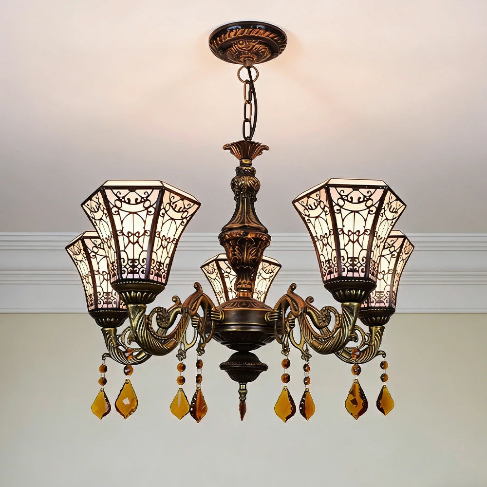 LIVARA 5-Light Stained Glass Chandelier Vintage Pendant Light Adjustable Chain 60x80cm Copper Mesh Design for Dining Living Room