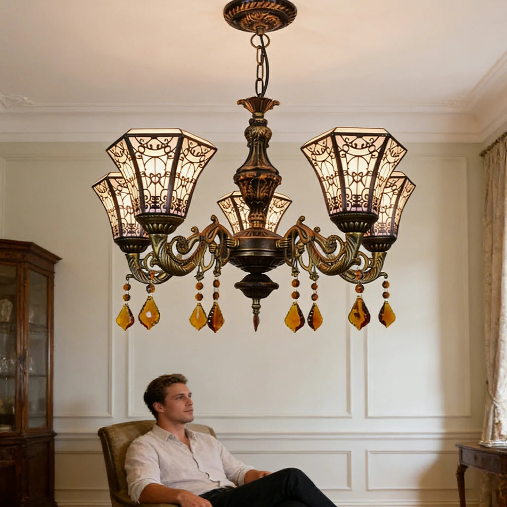 LIVARA 5-Light Stained Glass Chandelier Vintage Pendant Light Adjustable Chain 60x80cm Copper Mesh Design for Dining Living Room