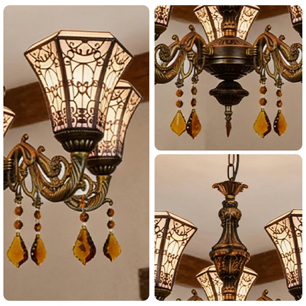 LIVARA 5-Light Stained Glass Chandelier Vintage Pendant Light Adjustable Chain 60x80cm Copper Mesh Design for Dining Living Room