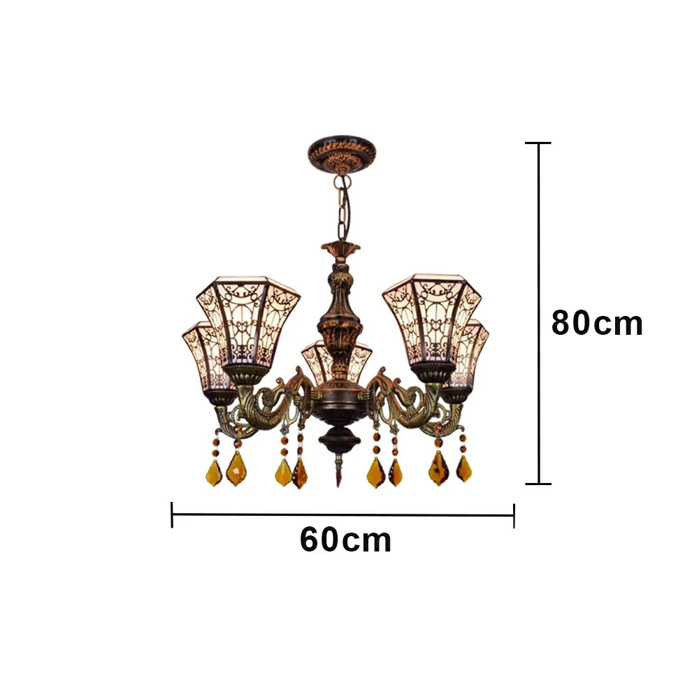 LIVARA 5-Light Stained Glass Chandelier Vintage Pendant Light Adjustable Chain 60x80cm Copper Mesh Design for Dining Living Room
