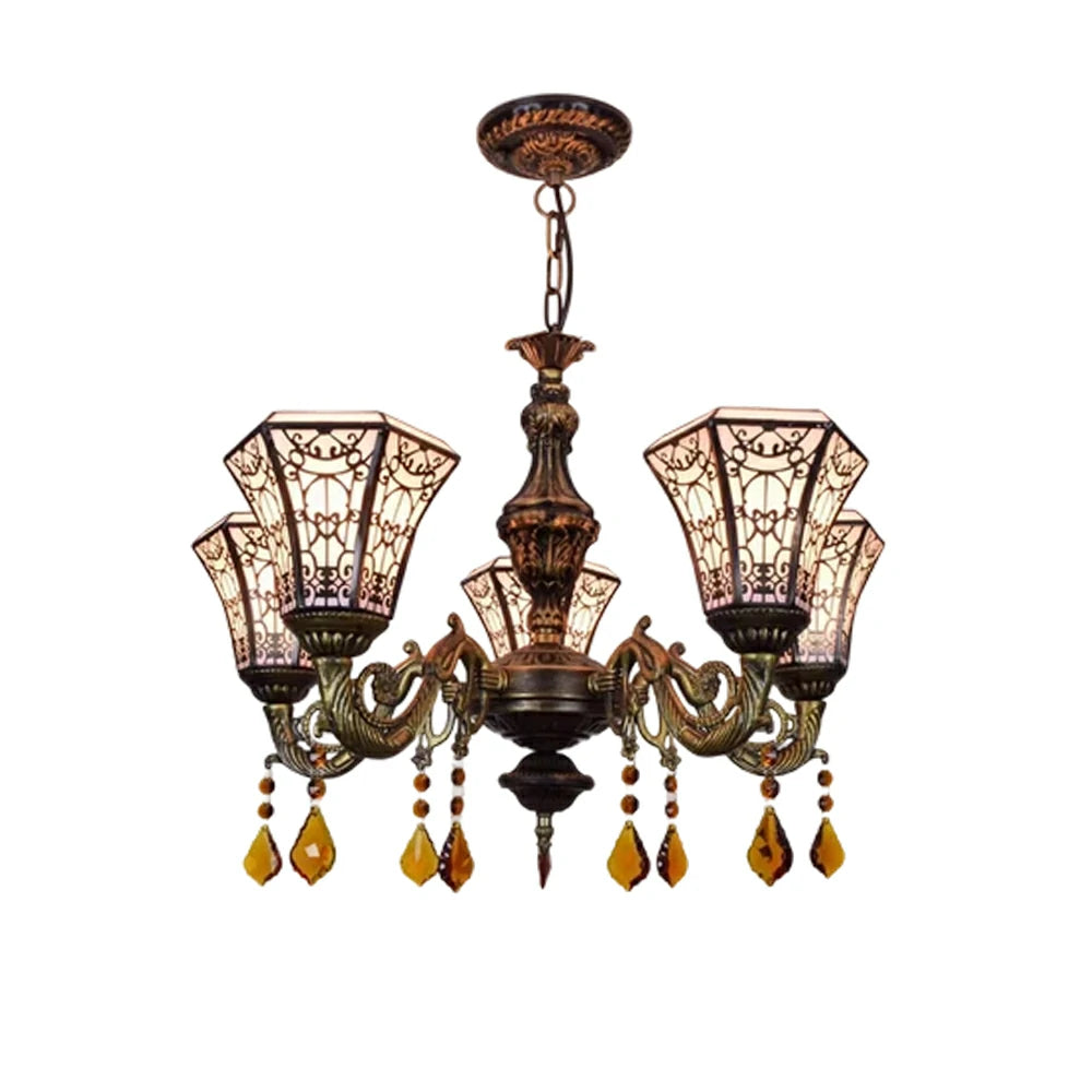 LIVARA 5-Light Stained Glass Chandelier Vintage Pendant Light Adjustable Chain 60x80cm Copper Mesh Design for Dining Living Room