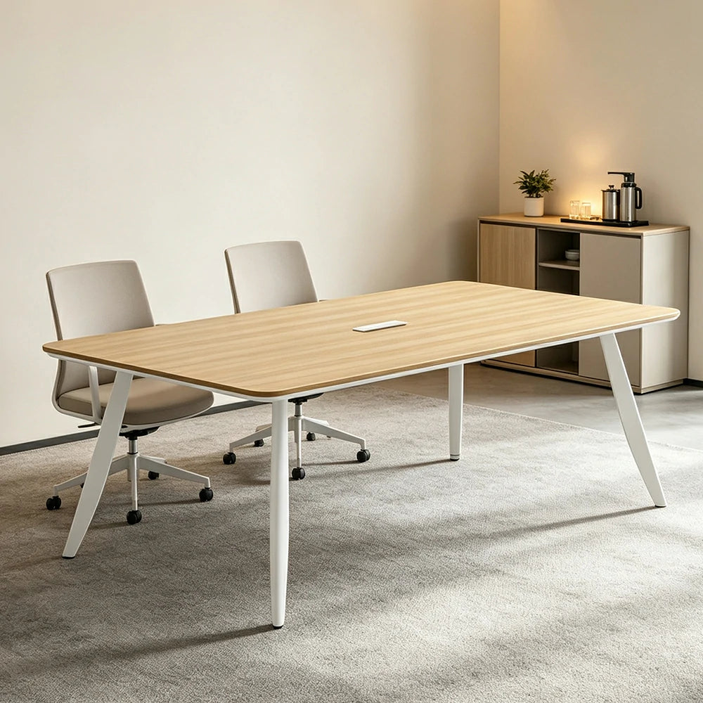 LIVARA 180/200cm Conference Table with ENF-Grade Eco Board, Integrated Power Socket, Angled Edges & Carbon Steel Legs - Natural Wood & White