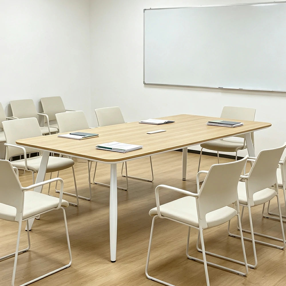 LIVARA 180/200cm Conference Table with ENF-Grade Eco Board, Integrated Power Socket, Angled Edges & Carbon Steel Legs - Natural Wood & White
