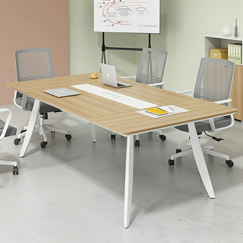 LIVARA 180/200cm Conference Table with ENF-Grade Eco Board, Integrated Power Socket, Angled Edges & Carbon Steel Legs - Natural Wood & White