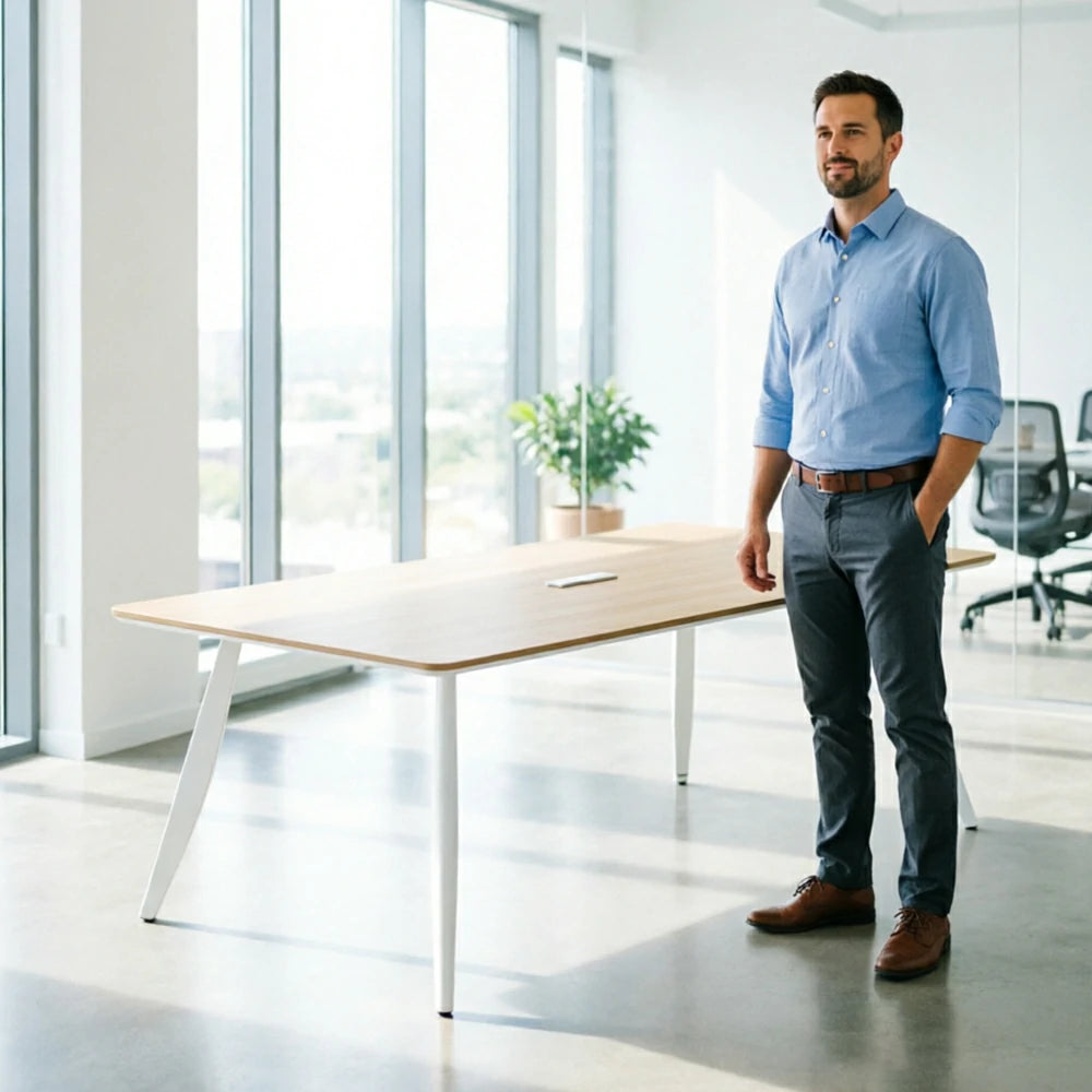 LIVARA 180/200cm Conference Table with ENF-Grade Eco Board, Integrated Power Socket, Angled Edges & Carbon Steel Legs - Natural Wood & White
