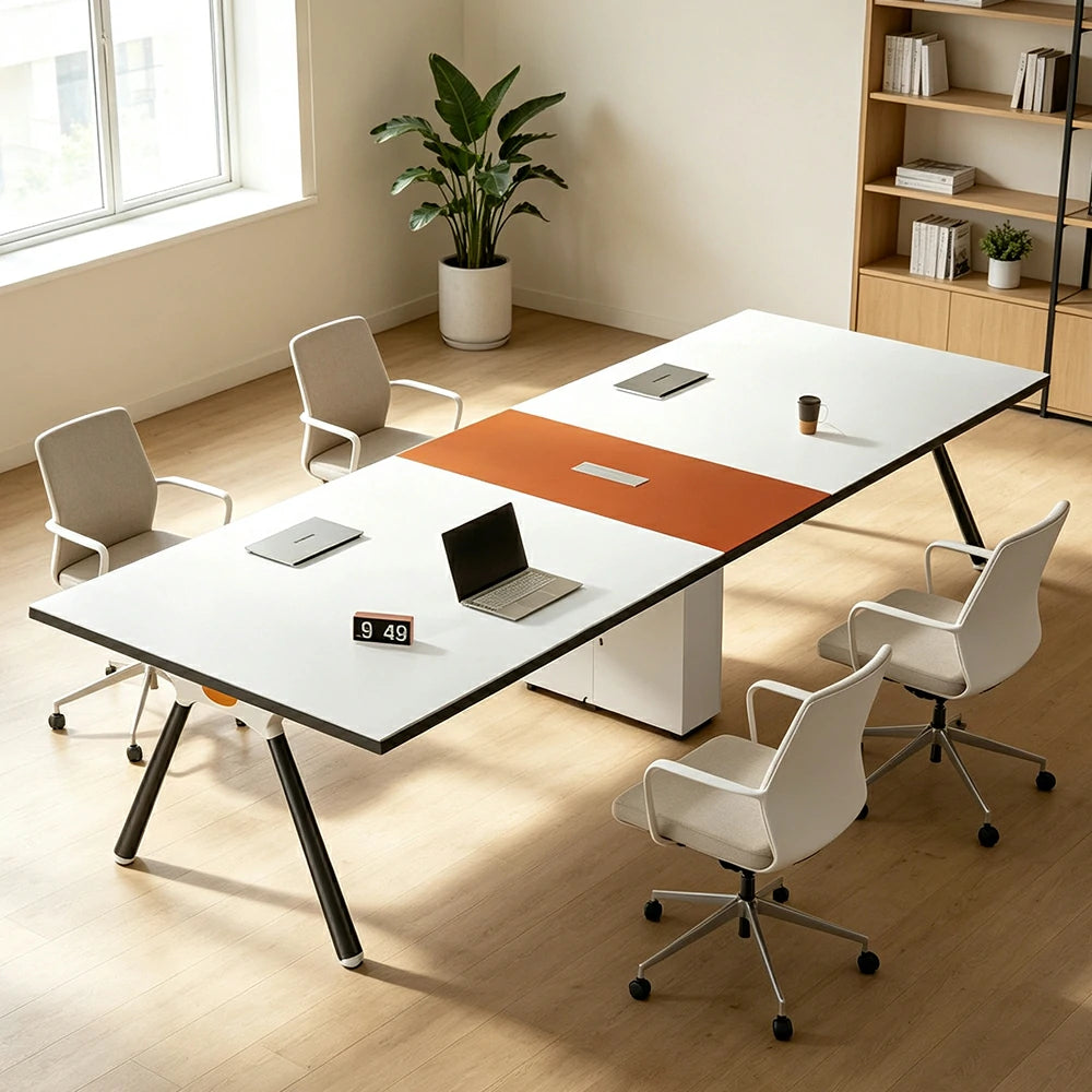 LIVARA 240/280cm Conference Table with E1 Eco Board, Integrated Power Box, Storage Cabinet & Carbon Steel Frame - White & Orange