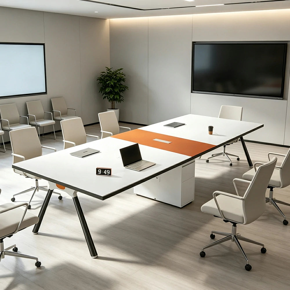 LIVARA 240/280cm Conference Table with E1 Eco Board, Integrated Power Box, Storage Cabinet & Carbon Steel Frame - White & Orange