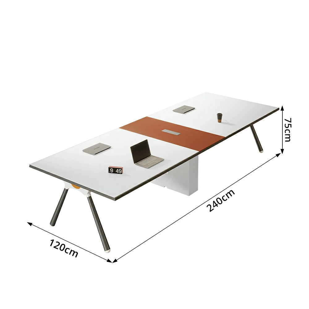 LIVARA 240/280cm Conference Table with E1 Eco Board, Integrated Power Box, Storage Cabinet & Carbon Steel Frame - White & Orange