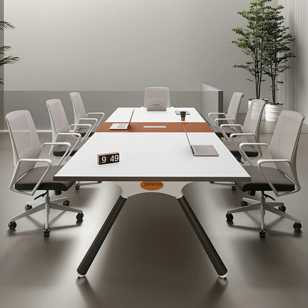 LIVARA 240/280cm Conference Table with E1 Eco Board, Integrated Power Box, Storage Cabinet & Carbon Steel Frame - White & Orange