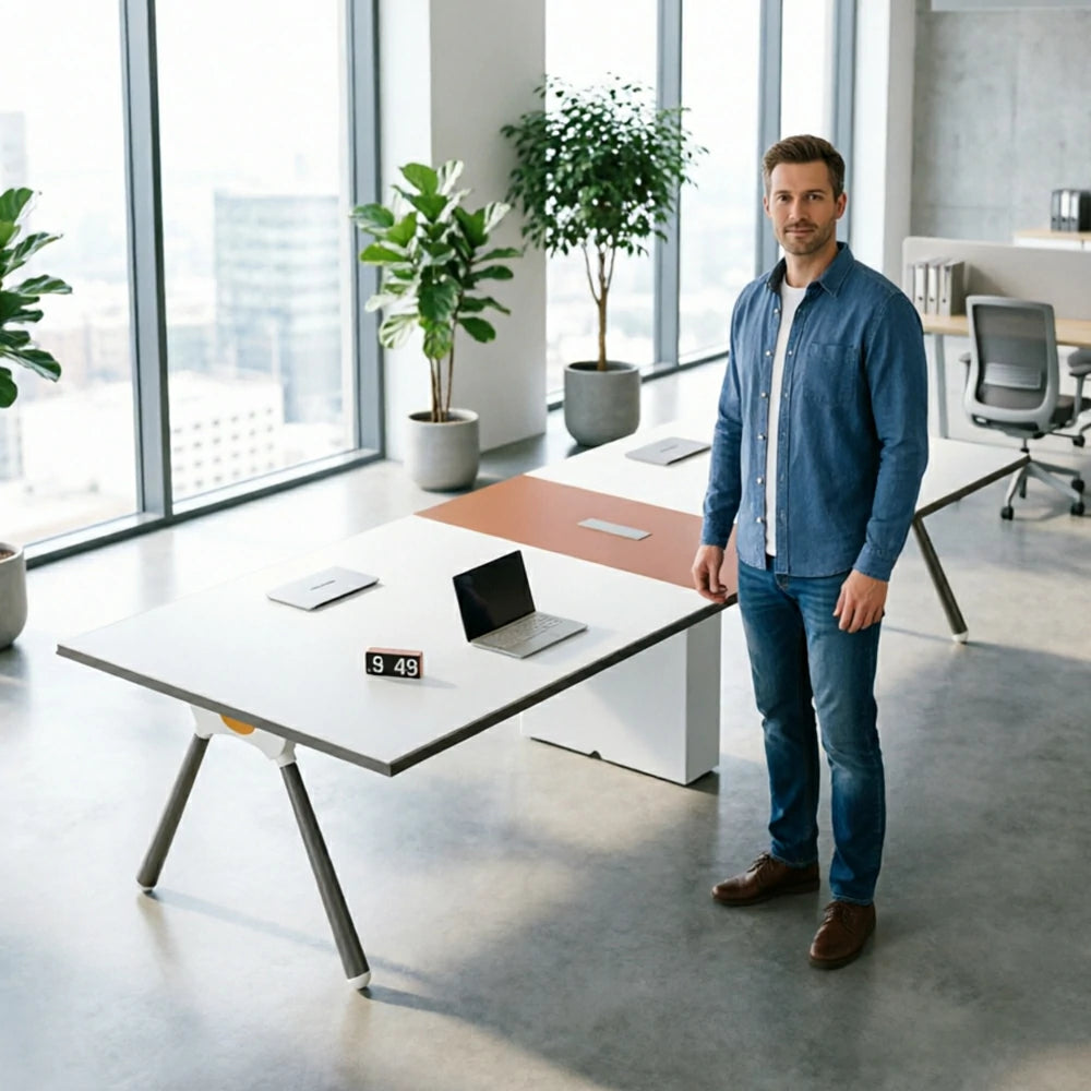 LIVARA 240/280cm Conference Table with E1 Eco Board, Integrated Power Box, Storage Cabinet & Carbon Steel Frame - White & Orange