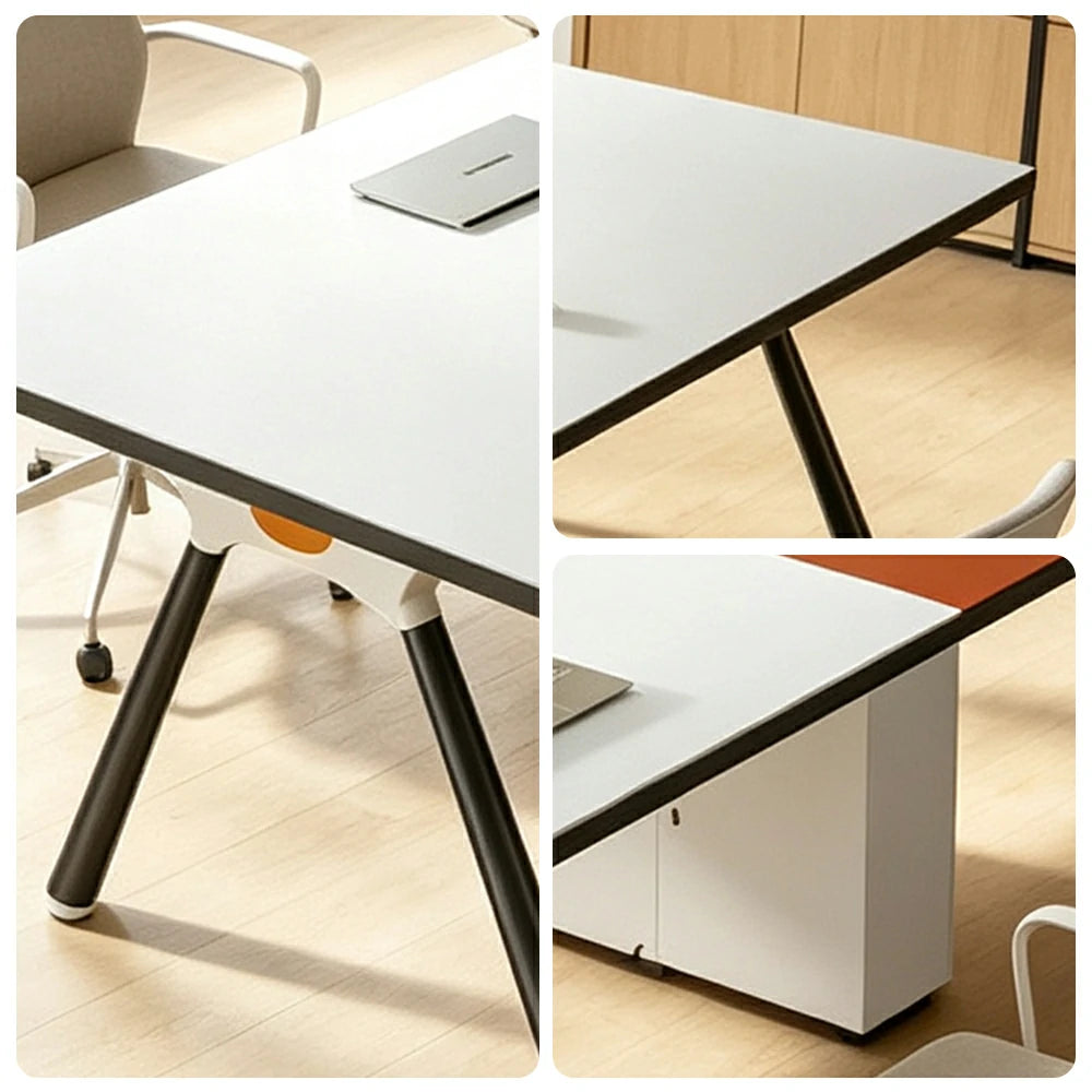 LIVARA 240/280cm Conference Table with E1 Eco Board, Integrated Power Box, Storage Cabinet & Carbon Steel Frame - White & Orange