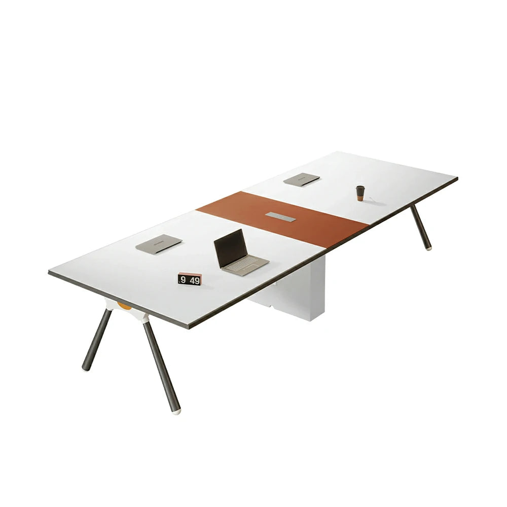 LIVARA 240/280cm Conference Table with E1 Eco Board, Integrated Power Box, Storage Cabinet & Carbon Steel Frame - White & Orange