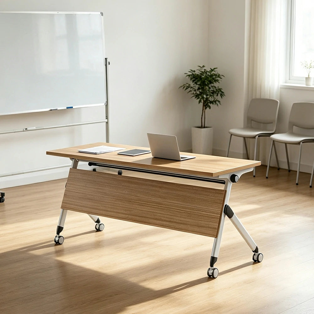 LIVARA 120/140/160cm Folding Training Table with 25mm E1 Desktop, Flip-Top Mechanism, Storage Rack & Lockable Casters - Oak & White