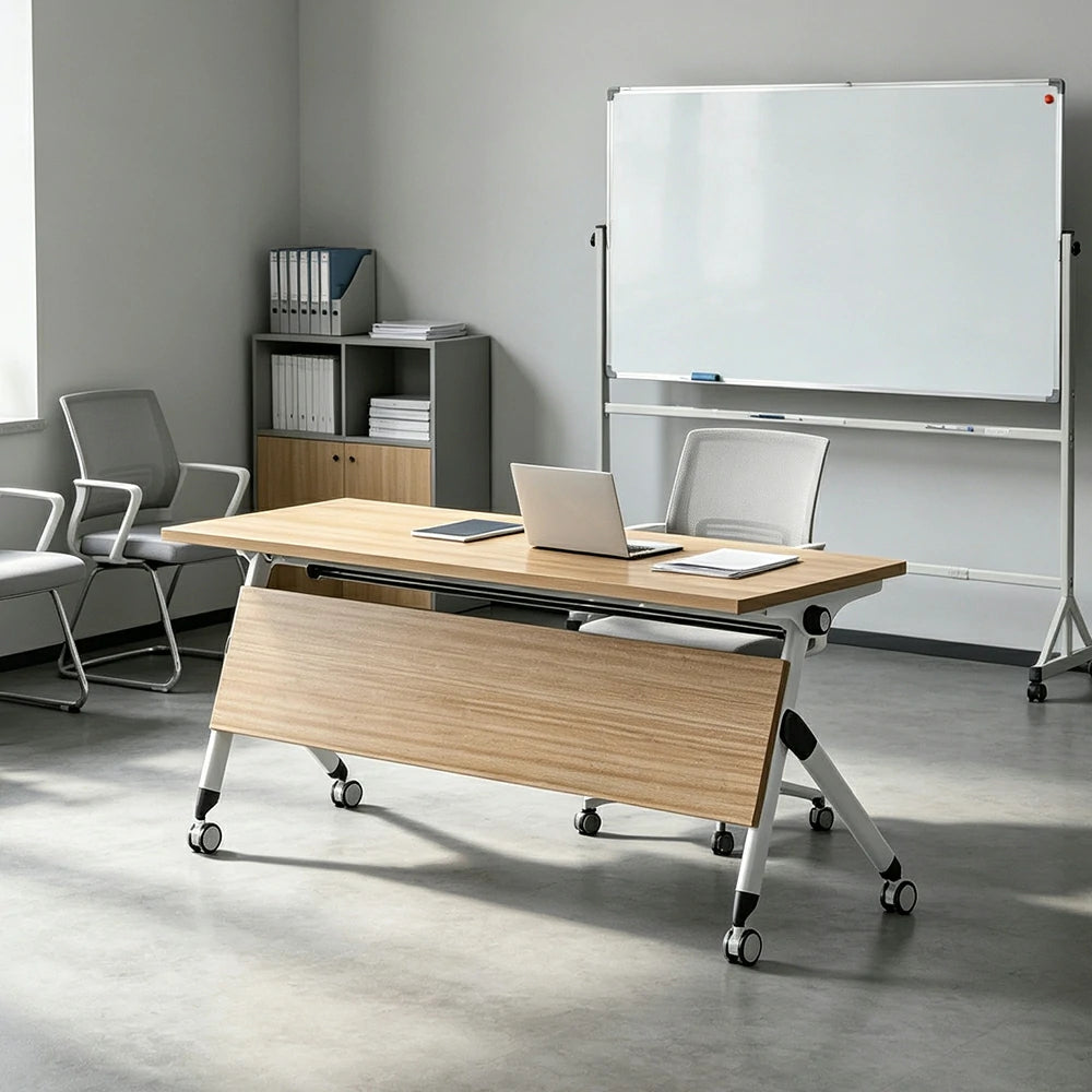 LIVARA 120/140/160cm Folding Training Table with 25mm E1 Desktop, Flip-Top Mechanism, Storage Rack & Lockable Casters - Oak & White