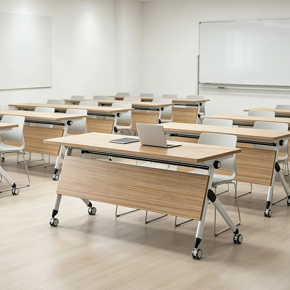 LIVARA 120/140/160cm Folding Training Table with 25mm E1 Desktop, Flip-Top Mechanism, Storage Rack & Lockable Casters - Oak & White