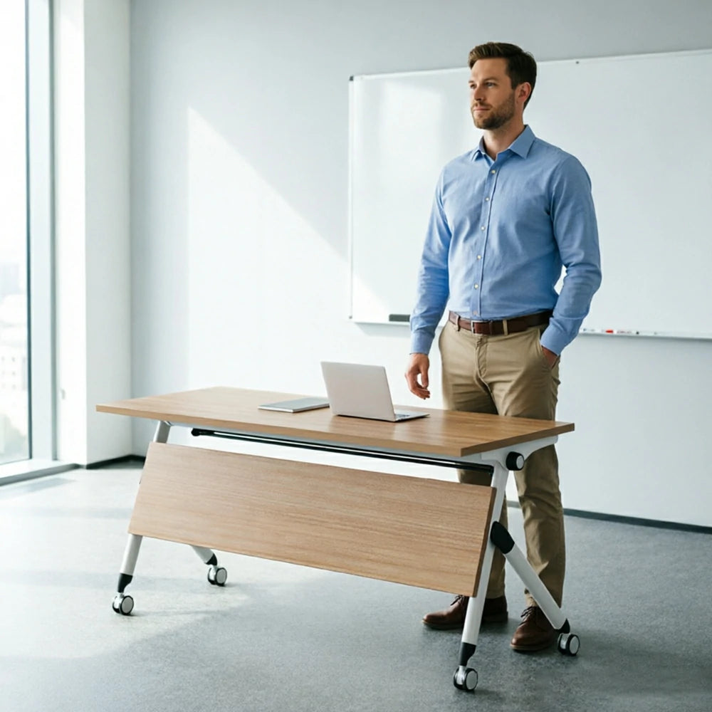 LIVARA 120/140/160cm Folding Training Table with 25mm E1 Desktop, Flip-Top Mechanism, Storage Rack & Lockable Casters - Oak & White