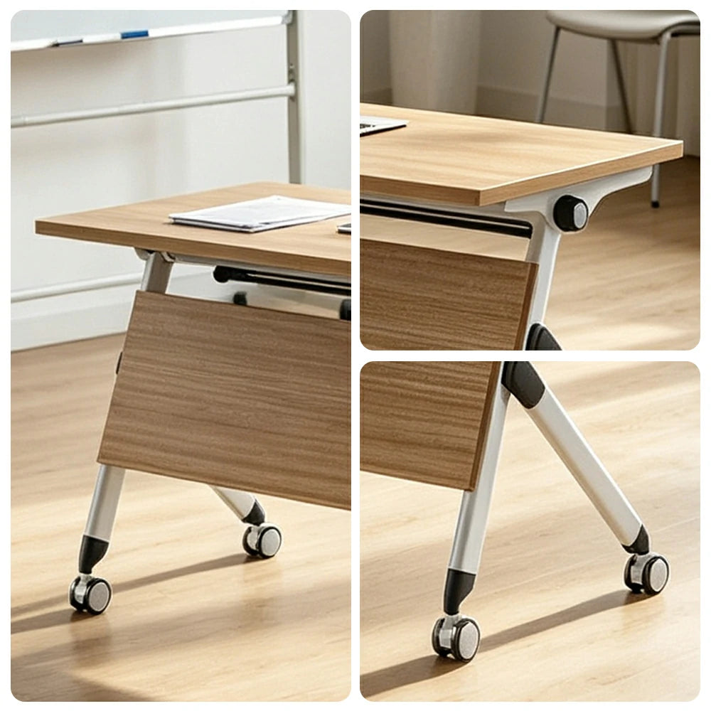 LIVARA 120/140/160cm Folding Training Table with 25mm E1 Desktop, Flip-Top Mechanism, Storage Rack & Lockable Casters - Oak & White