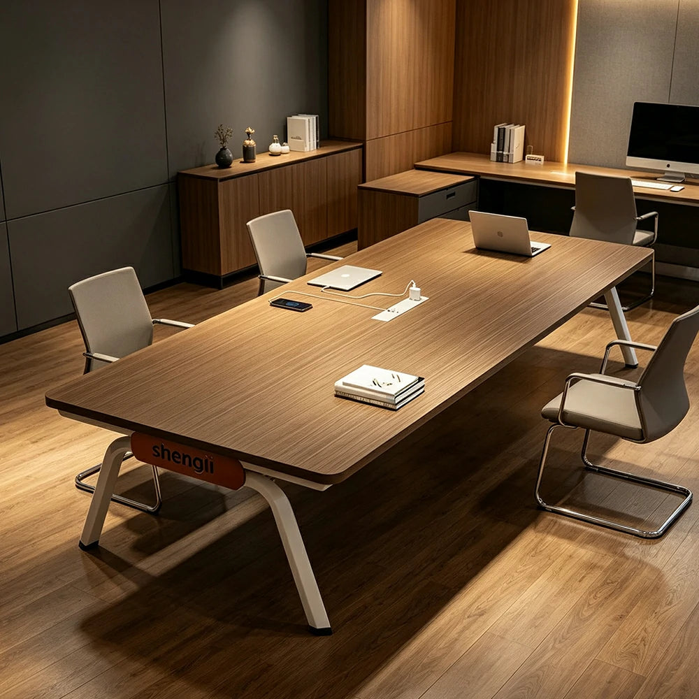 LIVARA 200cm Conference Table with Plug-and-Play Power Socket, E1 Thickened Desktop, Rounded Corners & Carbon Steel Legs - Walnut & White