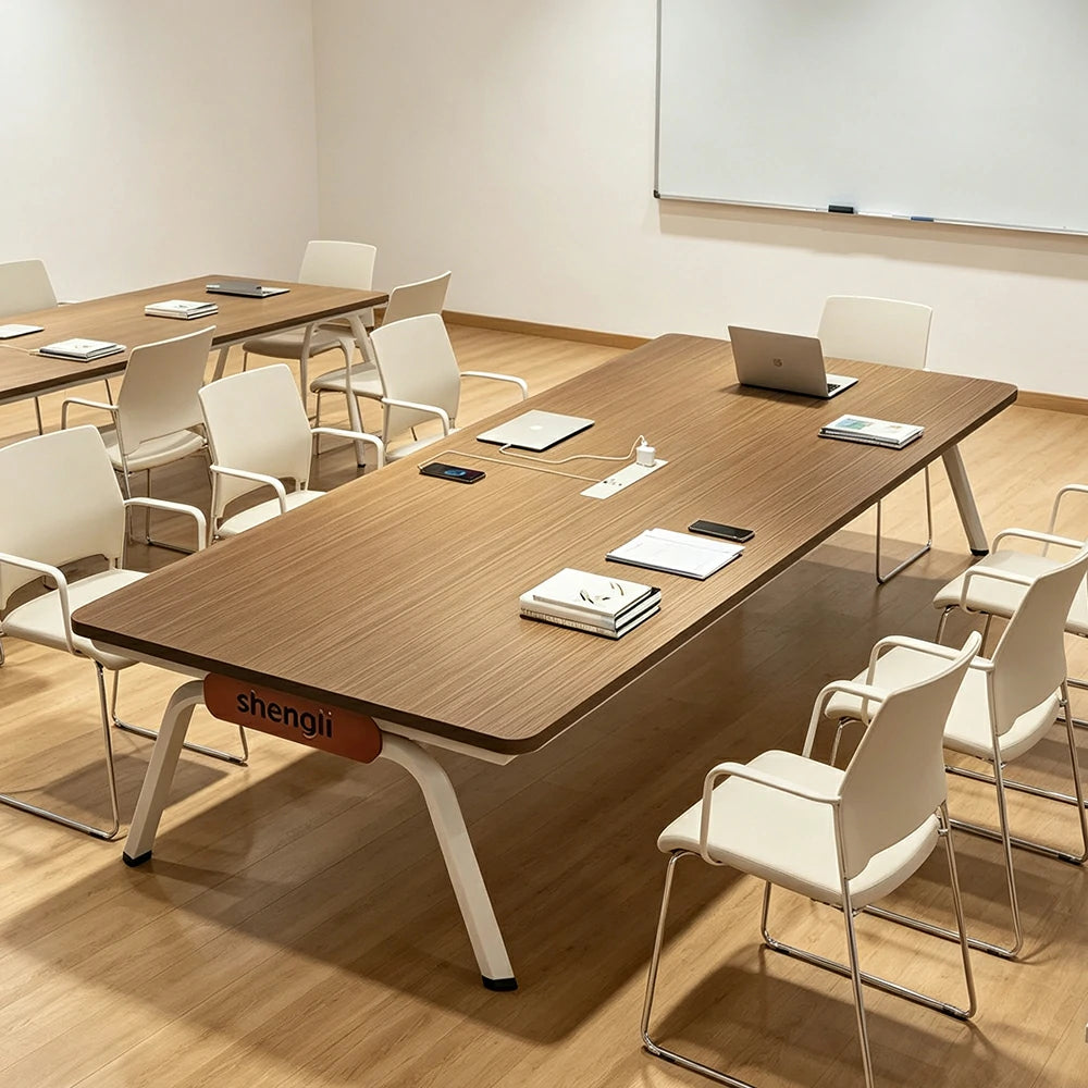 LIVARA 200cm Conference Table with Plug-and-Play Power Socket, E1 Thickened Desktop, Rounded Corners & Carbon Steel Legs - Walnut & White