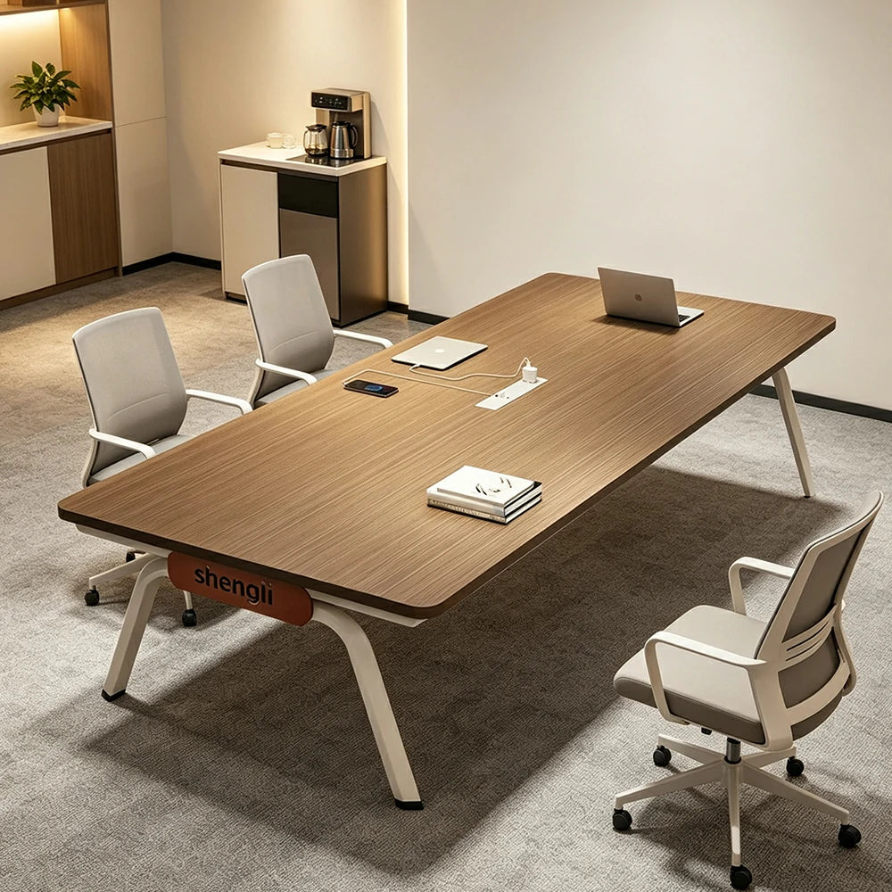 LIVARA 200cm Conference Table with Plug-and-Play Power Socket, E1 Thickened Desktop, Rounded Corners & Carbon Steel Legs - Walnut & White
