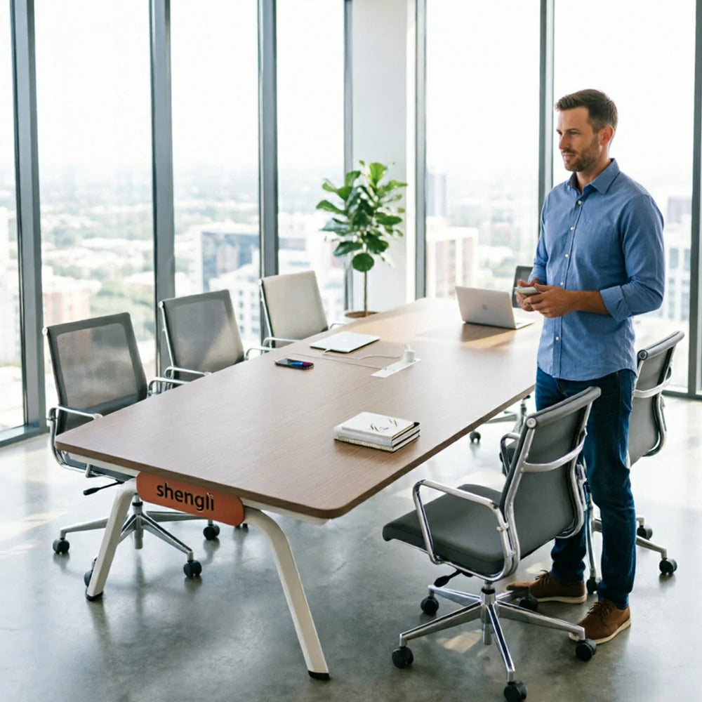 LIVARA 200cm Conference Table with Plug-and-Play Power Socket, E1 Thickened Desktop, Rounded Corners & Carbon Steel Legs - Walnut & White