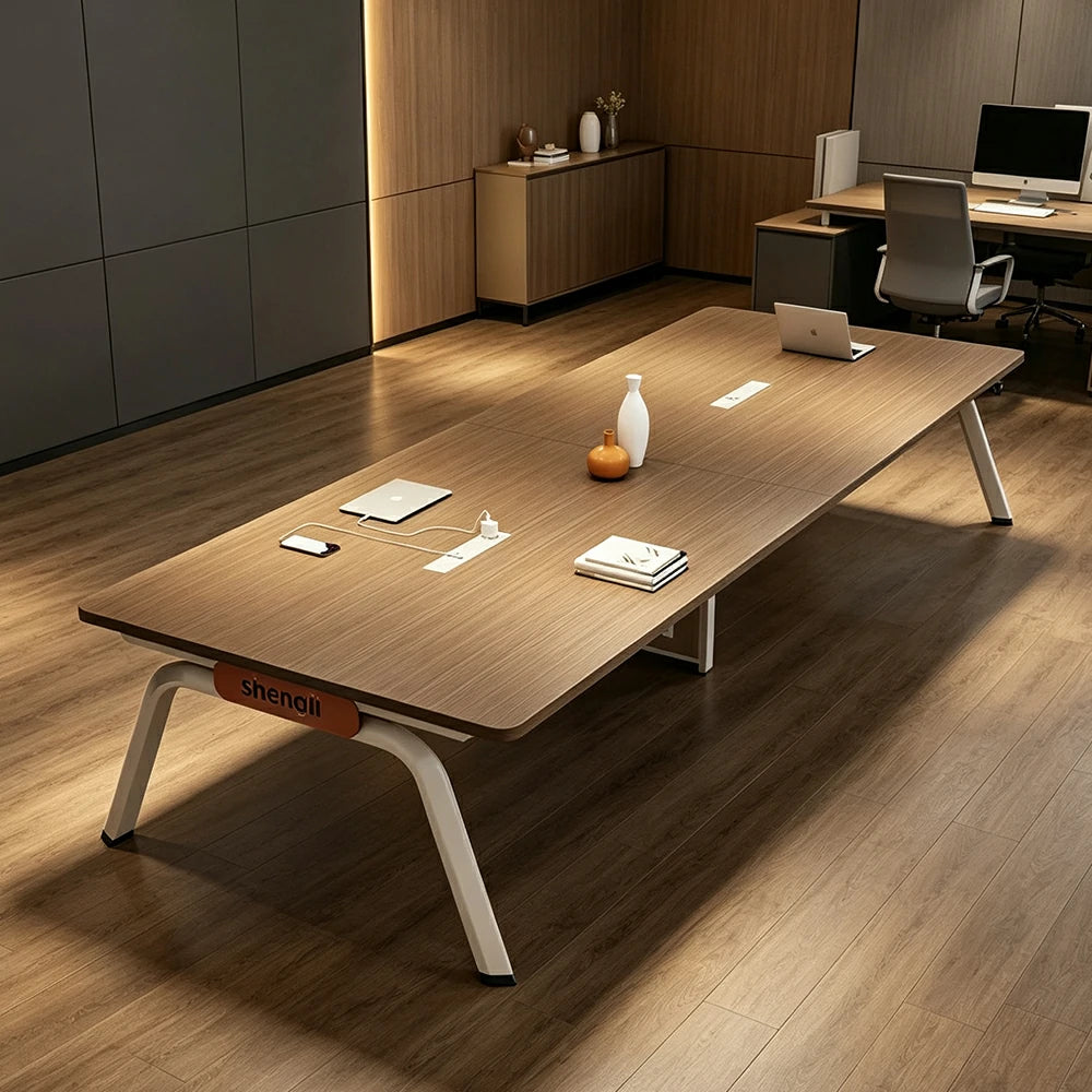 LIVARA 280cm Conference Table with Plug-and-Play Power Socket, E1 Thickened Desktop, Rounded Corners & Carbon Steel Legs - Walnut & White