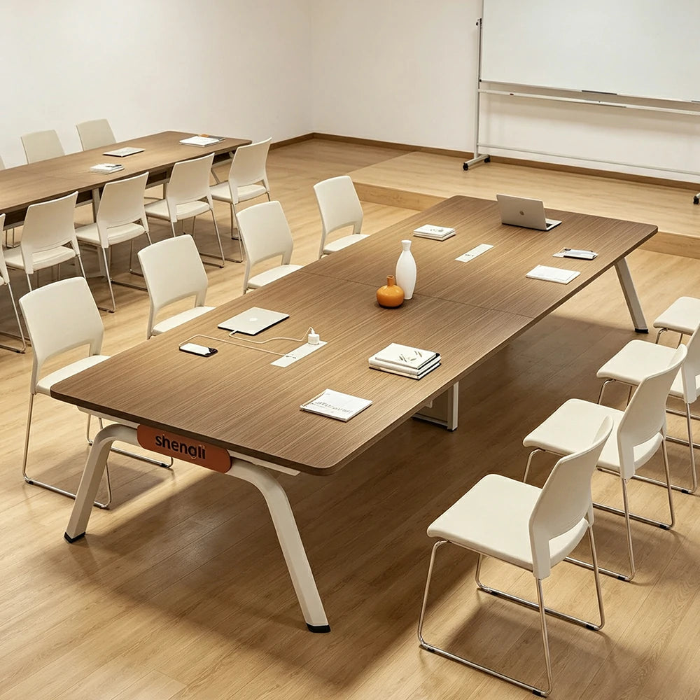 LIVARA 280cm Conference Table with Plug-and-Play Power Socket, E1 Thickened Desktop, Rounded Corners & Carbon Steel Legs - Walnut & White