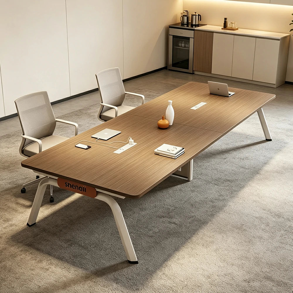 LIVARA 280cm Conference Table with Plug-and-Play Power Socket, E1 Thickened Desktop, Rounded Corners & Carbon Steel Legs - Walnut & White