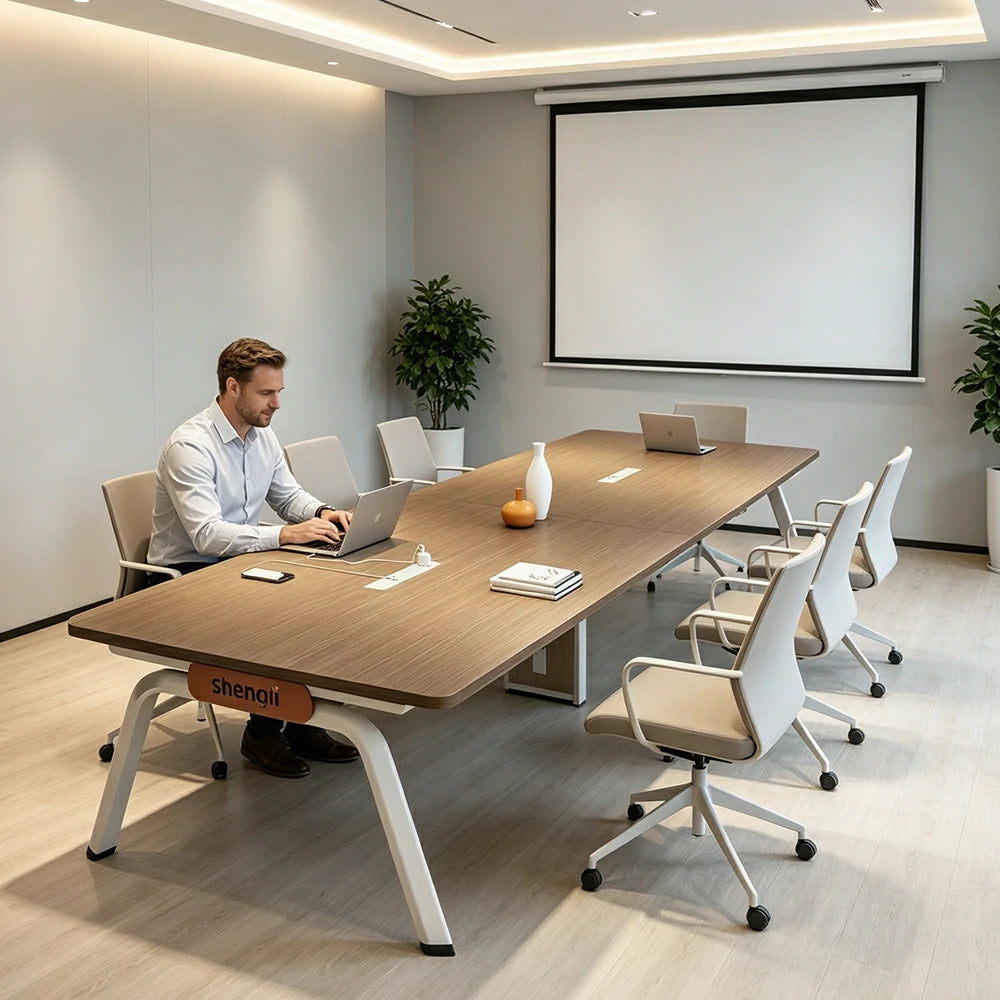 LIVARA 280cm Conference Table with Plug-and-Play Power Socket, E1 Thickened Desktop, Rounded Corners & Carbon Steel Legs - Walnut & White