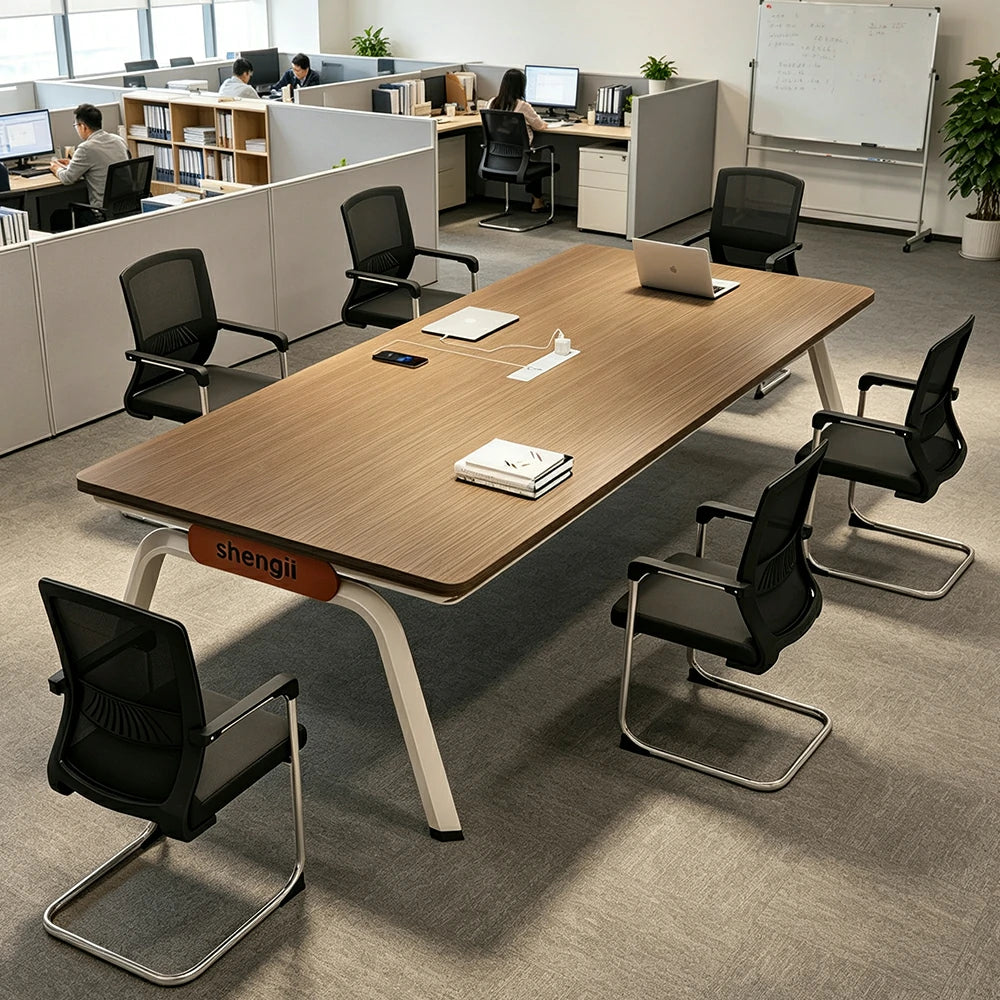 LIVARA 200cm Conference Table & 6 Chair Set with Plug-and-Play Power Socket, E1 Thickened Desktop & Carbon Steel Legs - Walnut & Black