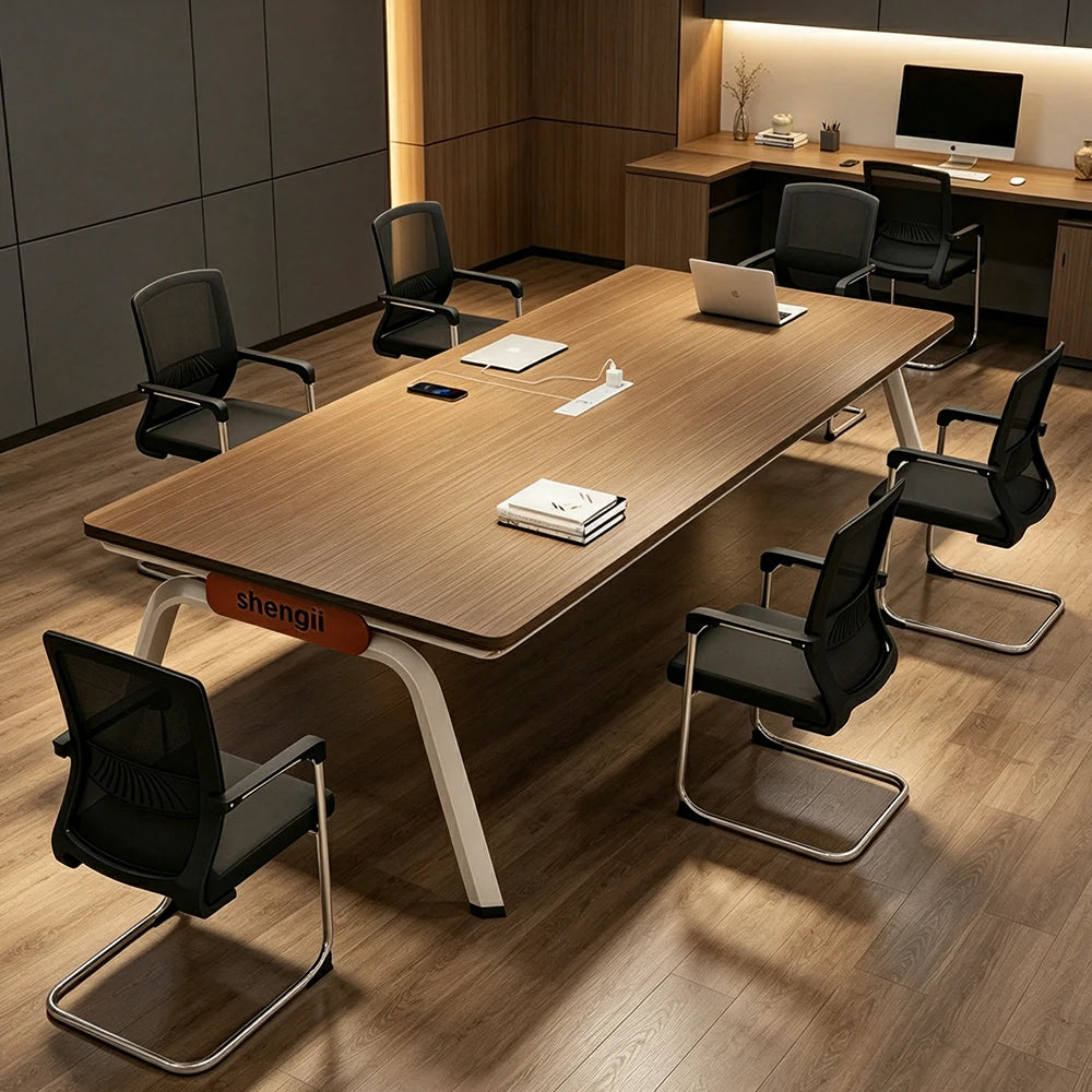 LIVARA 200cm Conference Table & 6 Chair Set with Plug-and-Play Power Socket, E1 Thickened Desktop & Carbon Steel Legs - Walnut & Black