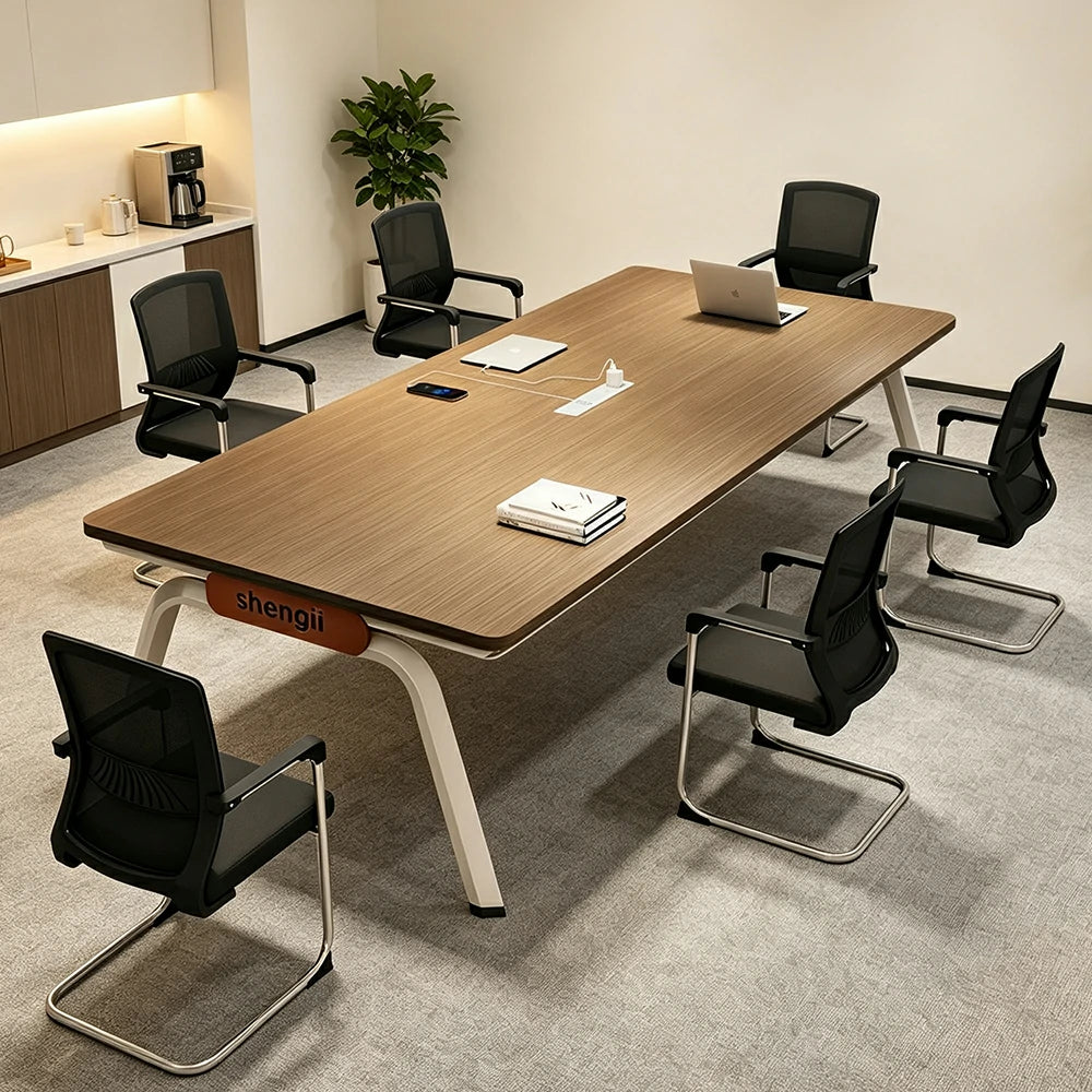 LIVARA 200cm Conference Table & 6 Chair Set with Plug-and-Play Power Socket, E1 Thickened Desktop & Carbon Steel Legs - Walnut & Black