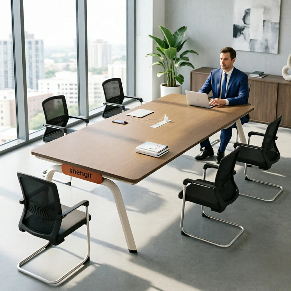 LIVARA 200cm Conference Table & 6 Chair Set with Plug-and-Play Power Socket, E1 Thickened Desktop & Carbon Steel Legs - Walnut & Black